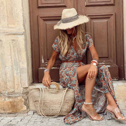 Merel | Dames Boho Jurk met V-Hals en Paisley Print | Maxi Jurk Zomer met Riem