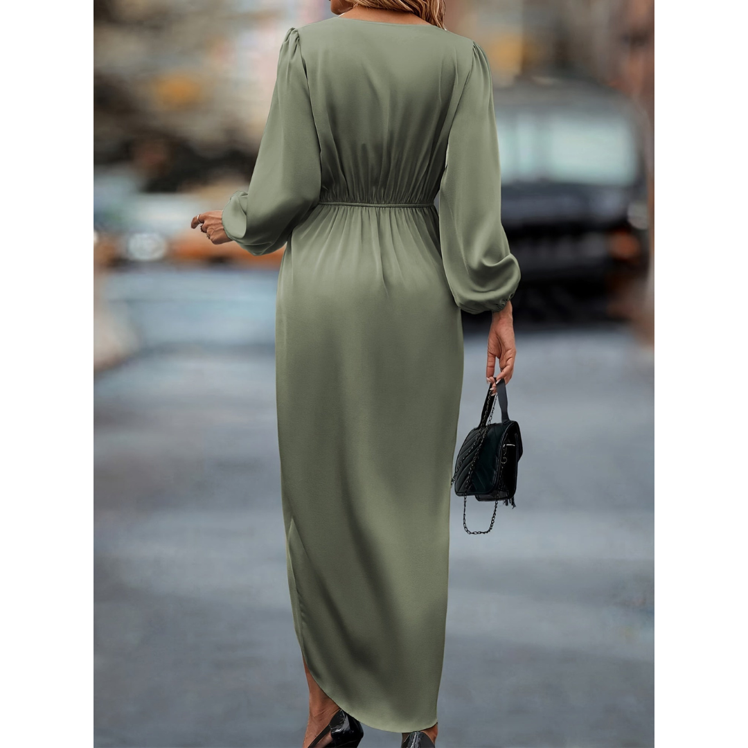 Jules | Dames Satijnen Jurk | Maxi Knoopdetail Taille V-Hals