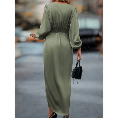 Jules | Dames Satijnen Jurk | Maxi Knoopdetail Taille V-Hals