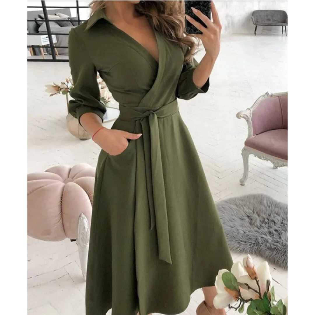 Daphne | Dames V-Hals Jurk met Lange Mouwen | Midi Casual & Feestjurk