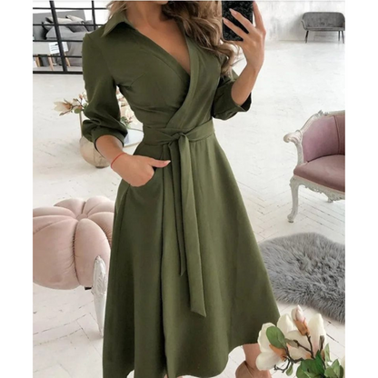 Daphne | Dames V-Hals Jurk met Lange Mouwen | Midi Casual & Feestjurk