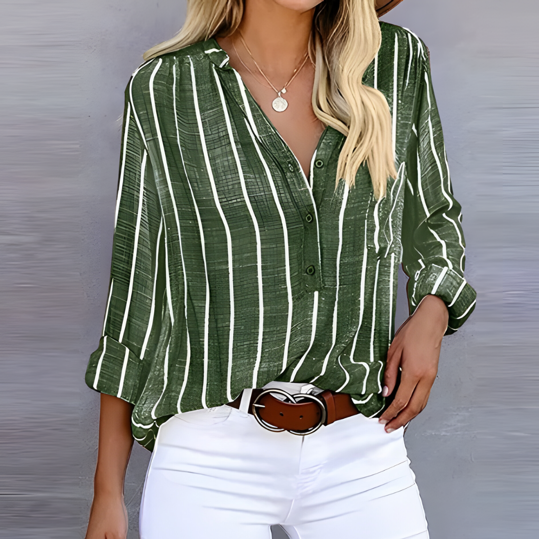 Nanda | Dames Gestreepte Blouse met V-Hals en Knoopsluiting