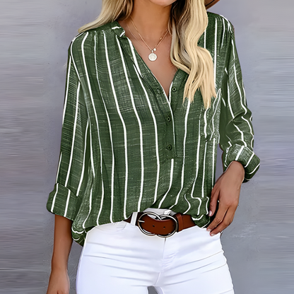 Nanda | Dames Gestreepte Blouse met V-Hals en Knoopsluiting