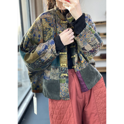 Jolie | Dames Vintage Jas met Print en Knoopsluiting & Lange Mouwen