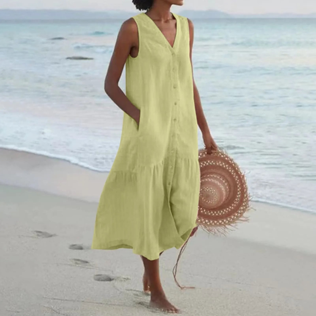 Diede | Dames Strand Jurk met Zakken | Midi met Knoopsluiting