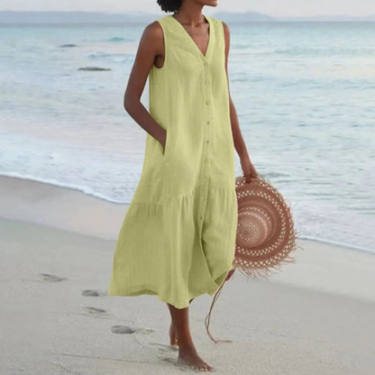 Diede | Dames Strand Jurk met Zakken | Midi met Knoopsluiting