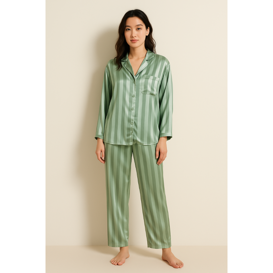 Renske | Dames Gestreepte Satijnen Pyjama Set met Knoopsluiting