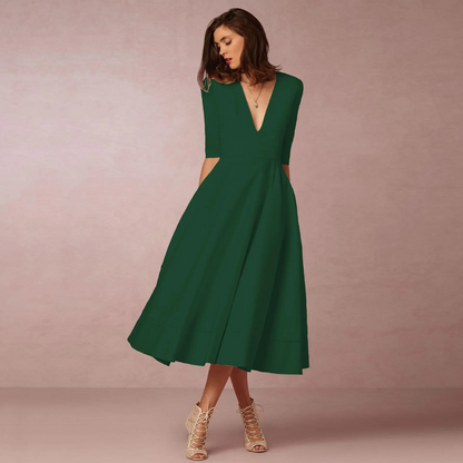 Suzan | Dames Jurk met Diepe V-Hals | Midi met Hoge Taille