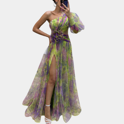 Fien | Dames Bloemen Print Jurk met Roosdetail | Maxi met Zijsplit
