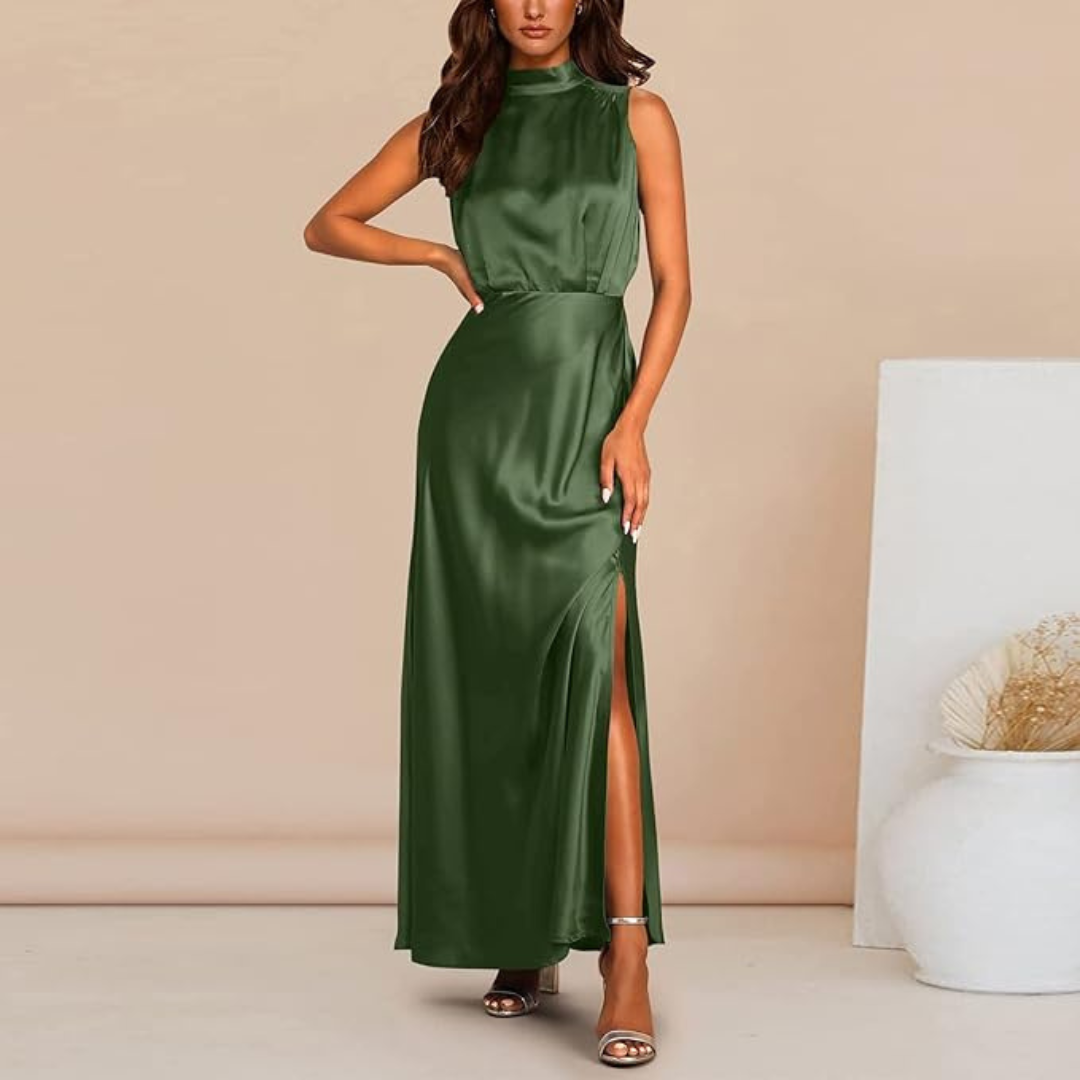 Yara | Dames Satijnen Jurk met Split | Mouwloze Maxi Feestjurk