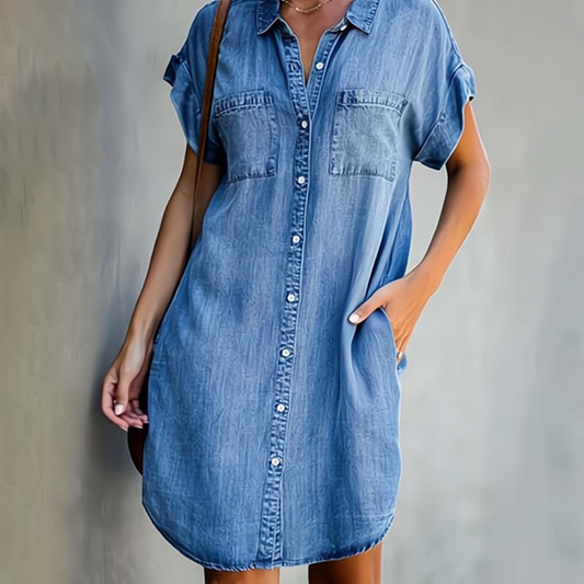 Cato | Dames Spijker Jurk met Korte Mouwen | Midi met Zakken