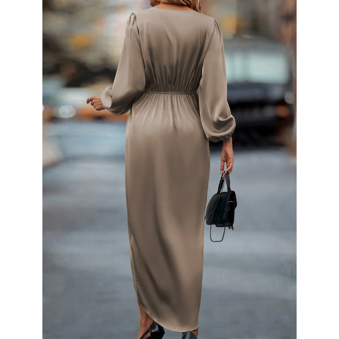 Jules | Dames Satijnen Jurk | Maxi Knoopdetail Taille V-Hals
