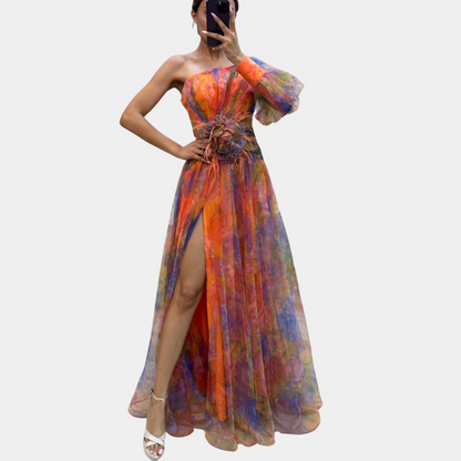 Fien | Dames Bloemen Print Jurk met Roosdetail | Maxi met Zijsplit