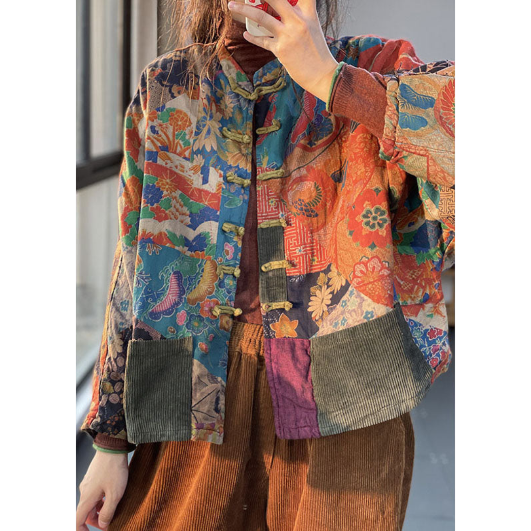 Jolie | Dames Vintage Jas met Print en Knoopsluiting & Lange Mouwen