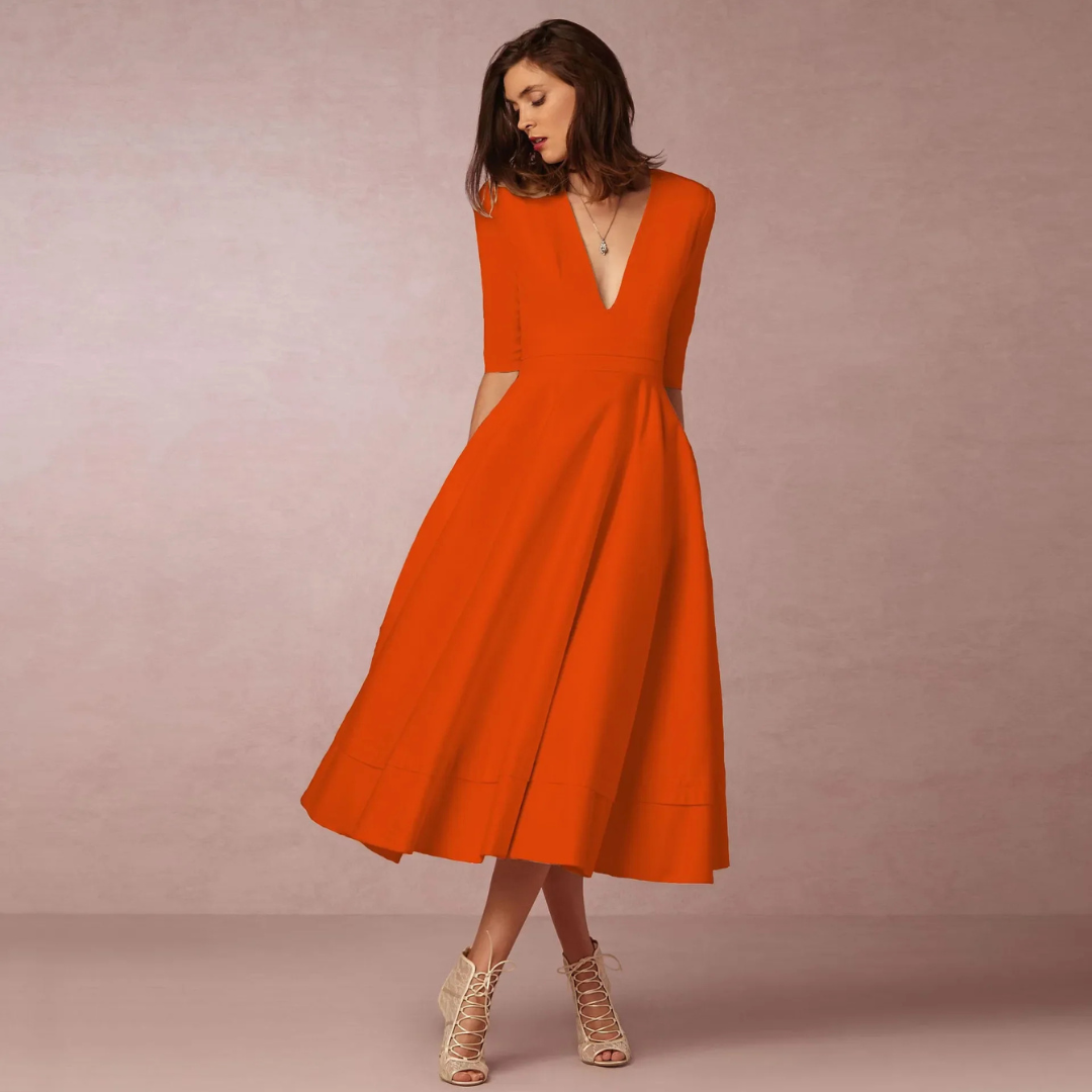 Suzan | Dames Jurk met Diepe V-Hals | Midi met Hoge Taille