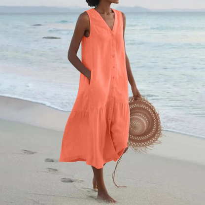 Diede | Dames Strand Jurk met Zakken | Midi met Knoopsluiting