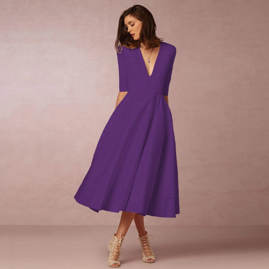 Suzan | Dames Jurk met Diepe V-Hals | Midi met Hoge Taille