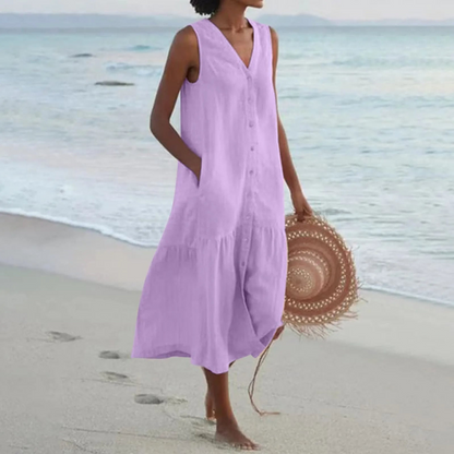 Diede | Dames Strand Jurk met Zakken | Midi met Knoopsluiting