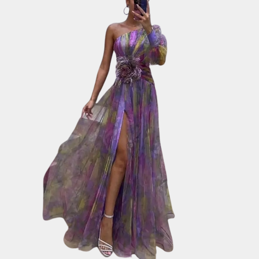 Fien | Dames Bloemen Print Jurk met Roosdetail | Maxi met Zijsplit