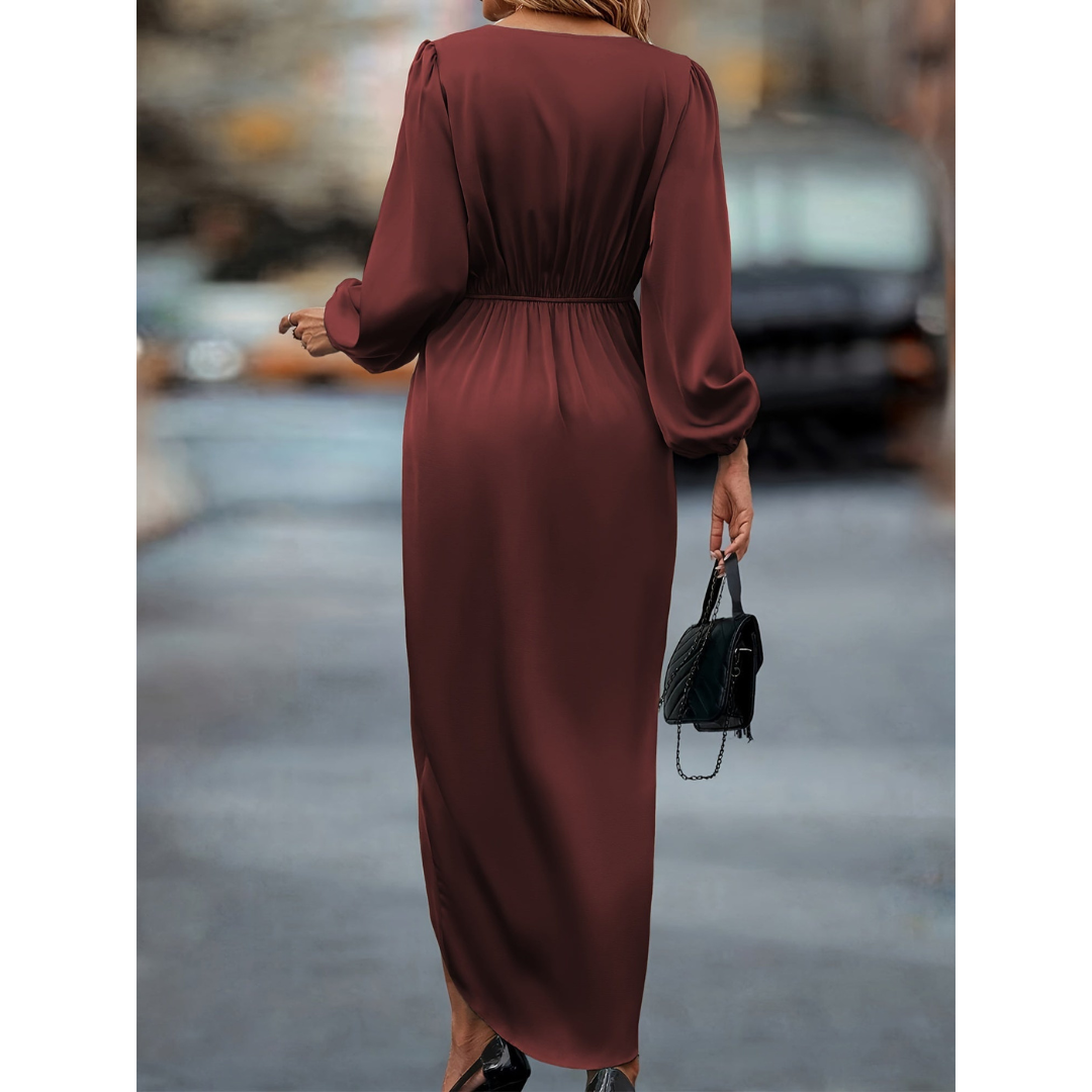 Jules | Dames Satijnen Jurk | Maxi Knoopdetail Taille V-Hals
