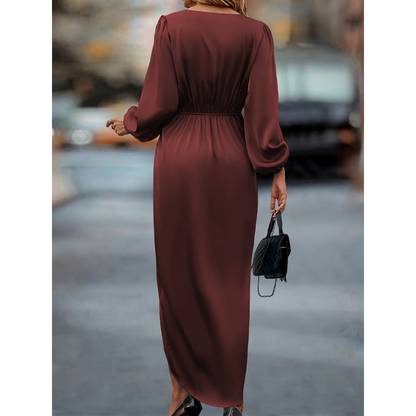 Jules | Dames Satijnen Jurk | Maxi Knoopdetail Taille V-Hals