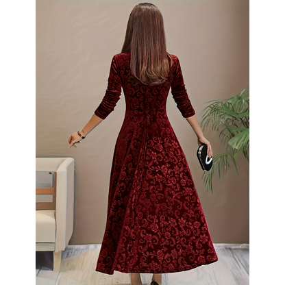 Mette | Dames Fluwelen Maxi Jurk met Vierkante Hals en Bloemenprint