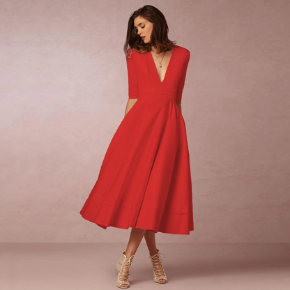Suzan | Dames Jurk met Diepe V-Hals | Midi met Hoge Taille