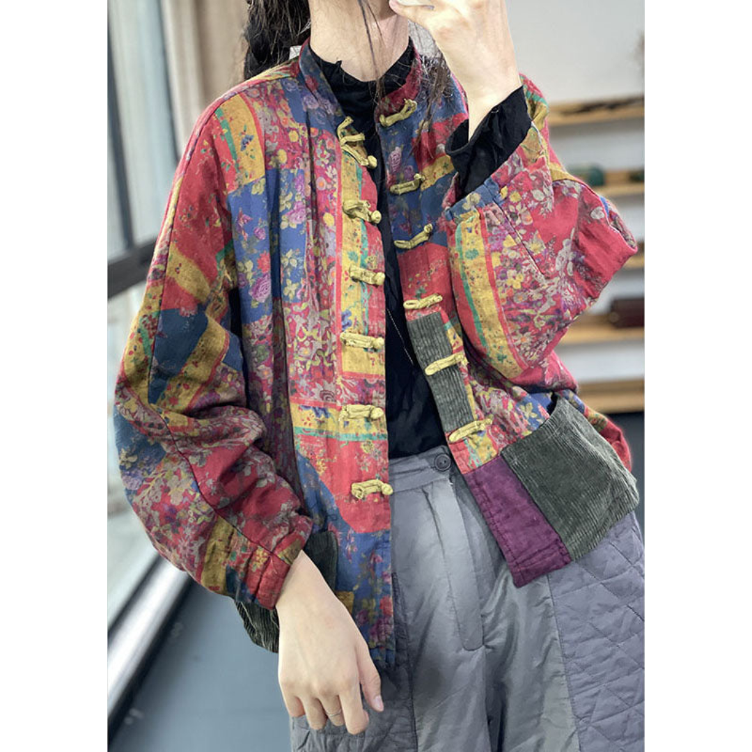 Jolie | Dames Vintage Jas met Print en Knoopsluiting & Lange Mouwen