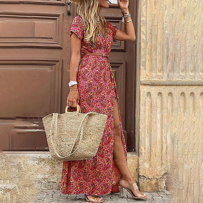 Merel | Dames Boho Jurk met V-Hals en Paisley Print | Maxi Jurk Zomer met Riem