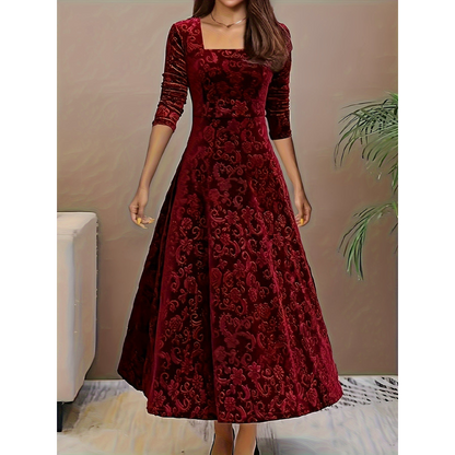 Mette | Dames Fluwelen Maxi Jurk met Vierkante Hals en Bloemenprint
