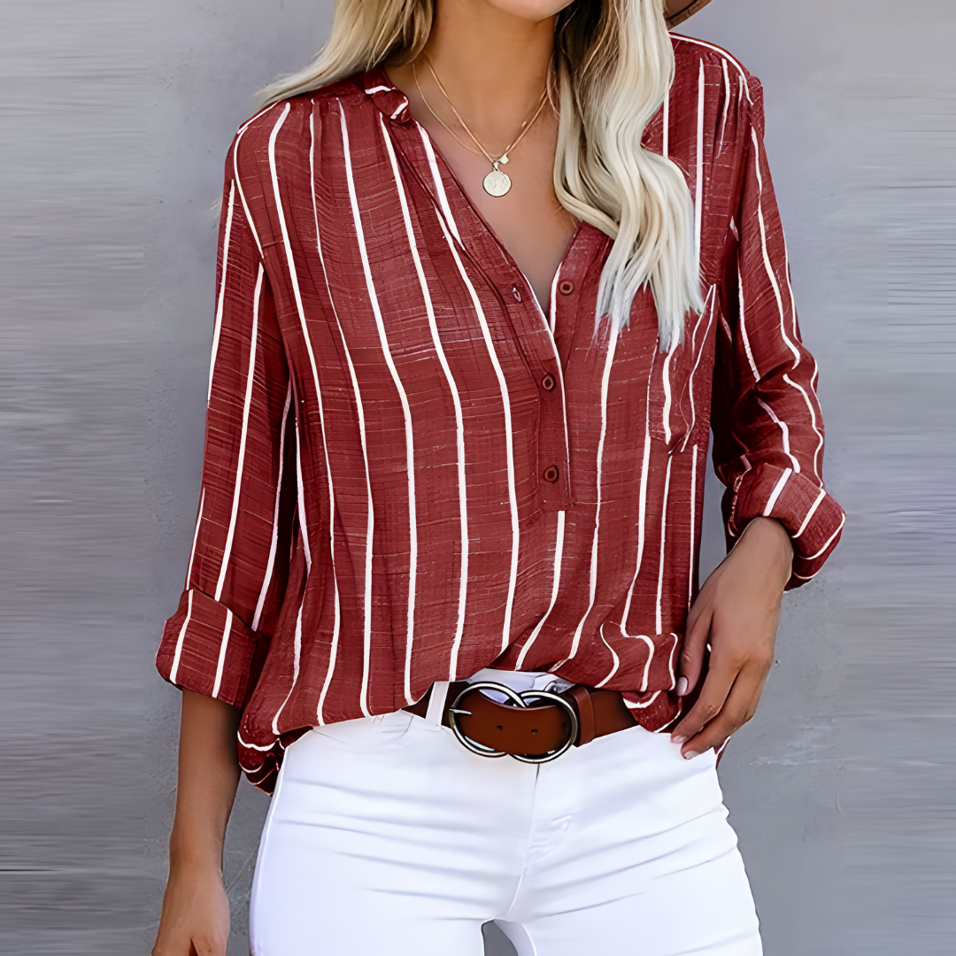 Nanda | Dames Gestreepte Blouse met V-Hals en Knoopsluiting