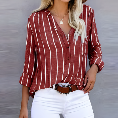 Nanda | Dames Gestreepte Blouse met V-Hals en Knoopsluiting