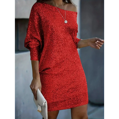Pien | Dames Pailletten Glitter Jurk met Open Schouder | Mini met Korte Mouwen