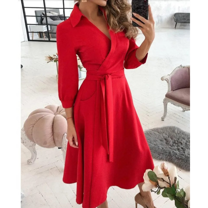 Daphne | Dames V-Hals Jurk met Lange Mouwen | Midi Casual & Feestjurk