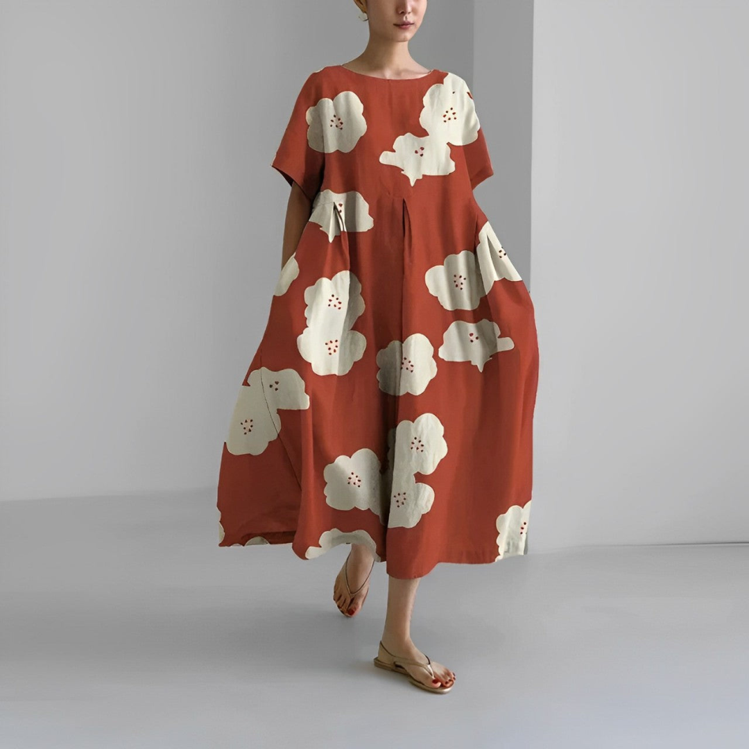 Rosa | Dames Linnen Zomer Jurk | Midi Jurk met Print
