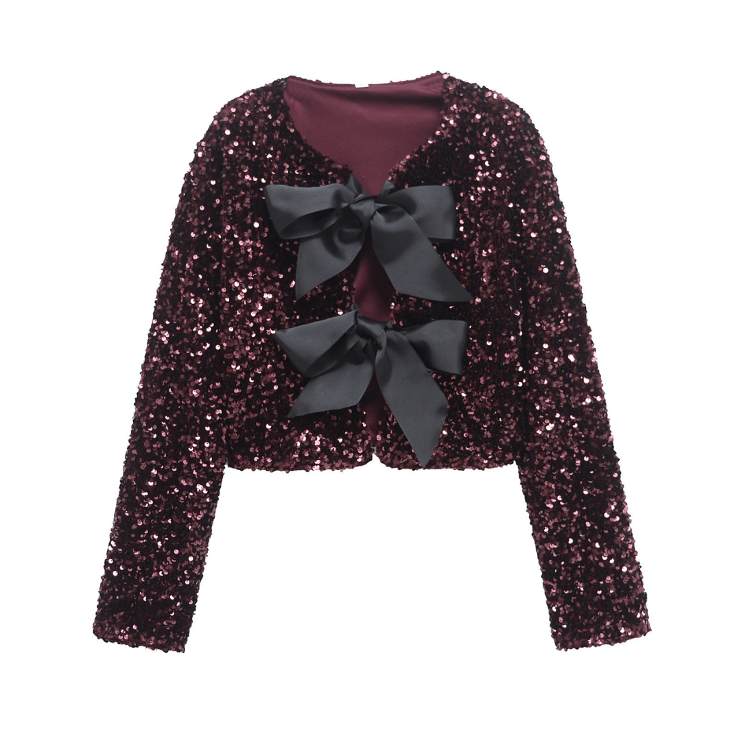 Carlijn | Dames Cropped Jas met Strik & Lovertjes