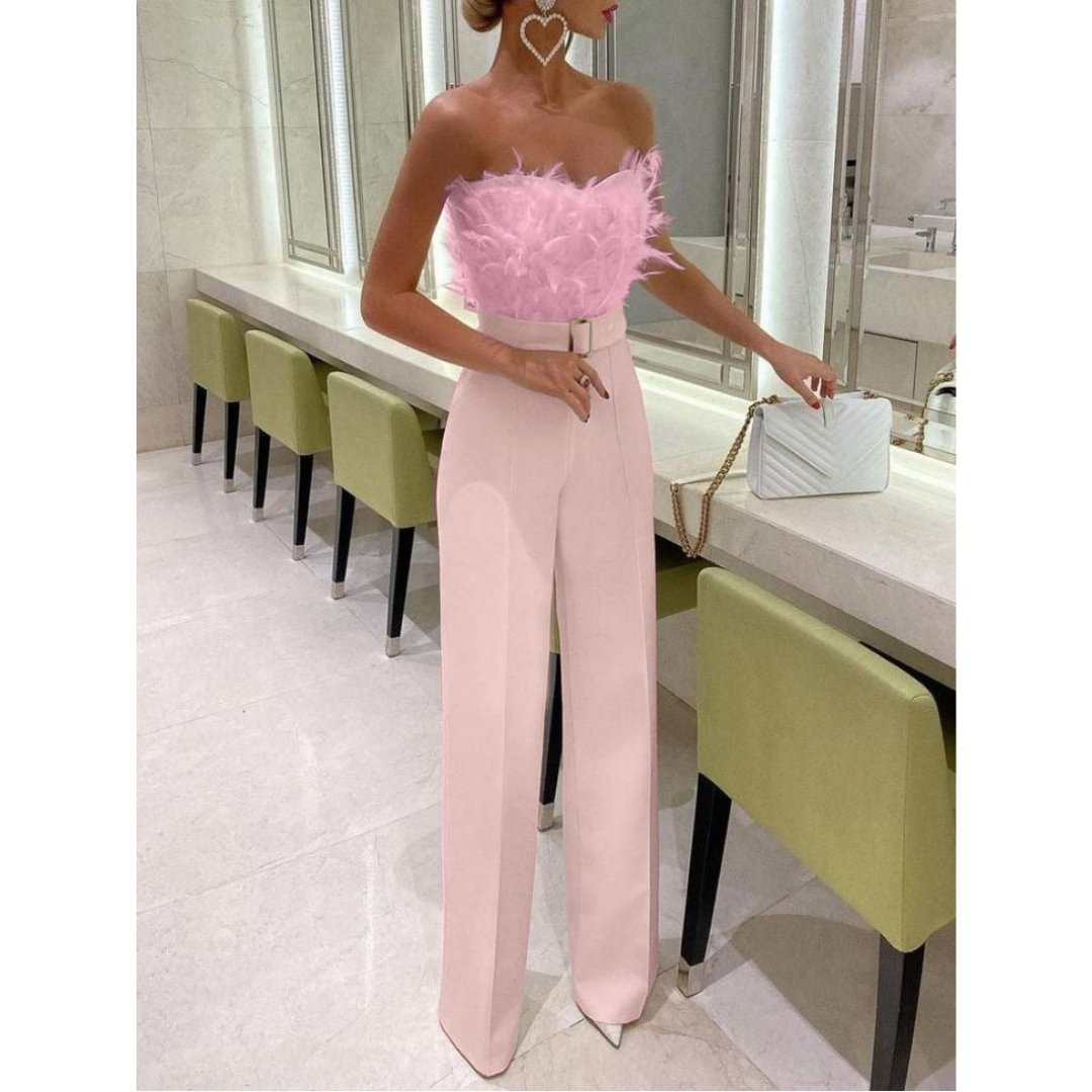 Lynn | Dames Veer Bandeau Jumpsuit met Wijde Pijpen