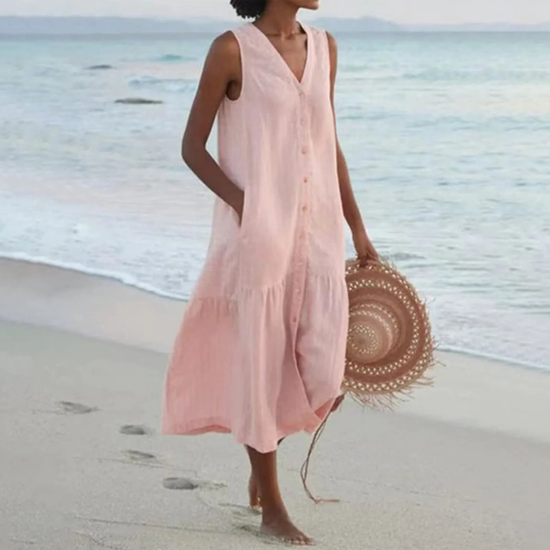 Diede | Dames Strand Jurk met Zakken | Midi met Knoopsluiting
