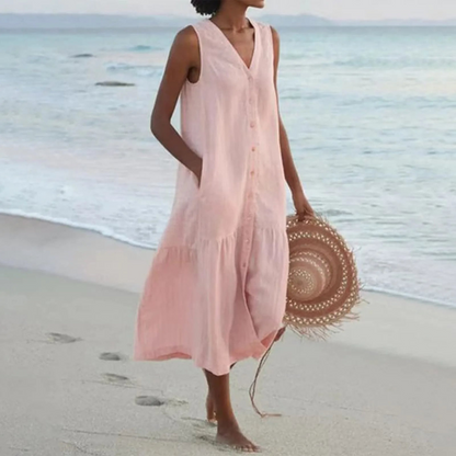 Diede | Dames Strand Jurk met Zakken | Midi met Knoopsluiting