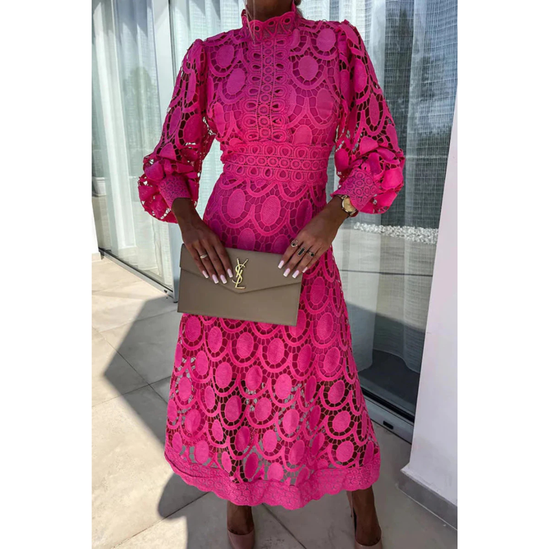 Celine | Dames Chique Zomerjurk met Staande Kraag | Midi met Kantdetails