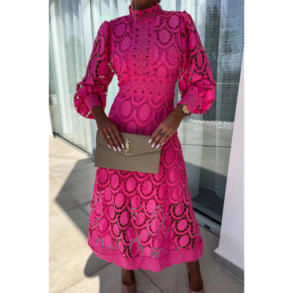 Celine | Dames Chique Zomerjurk met Staande Kraag | Midi met Kantdetails