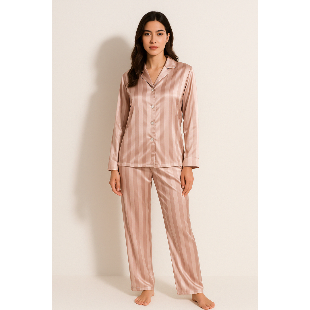 Renske | Dames Gestreepte Satijnen Pyjama Set met Knoopsluiting