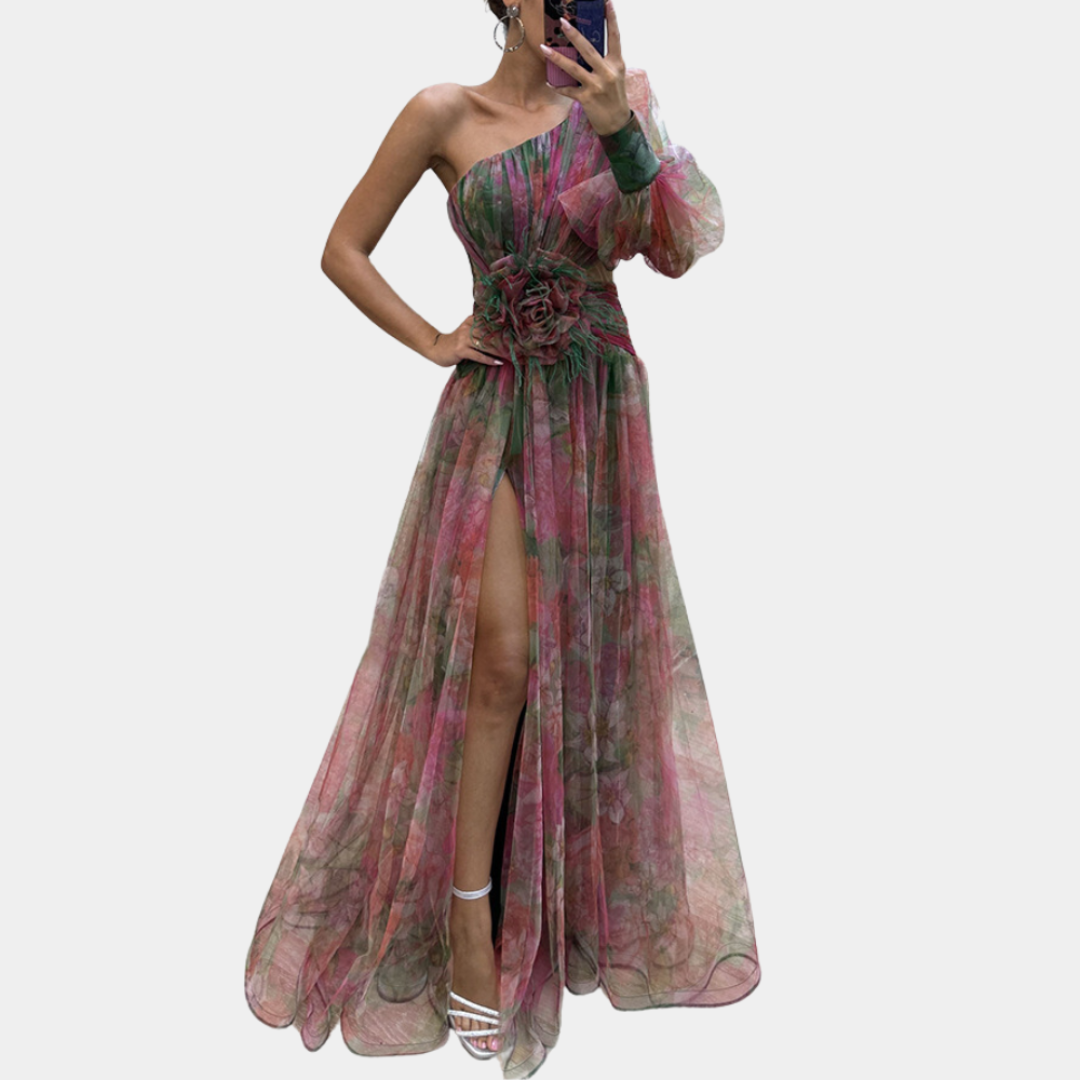 Fien | Dames Bloemen Print Jurk met Roosdetail | Maxi met Zijsplit