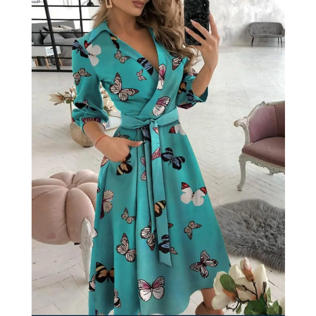 Daphne | Dames V-Hals Jurk met Lange Mouwen | Midi Casual & Feestjurk