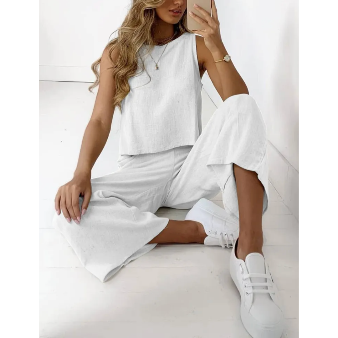 Yvette | Dames Linnen Tweedelige Set | Mouwloze Top en Casual Broek