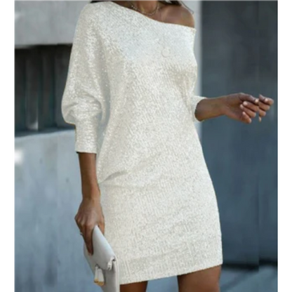 Pien | Dames Pailletten Glitter Jurk met Open Schouder | Mini met Korte Mouwen