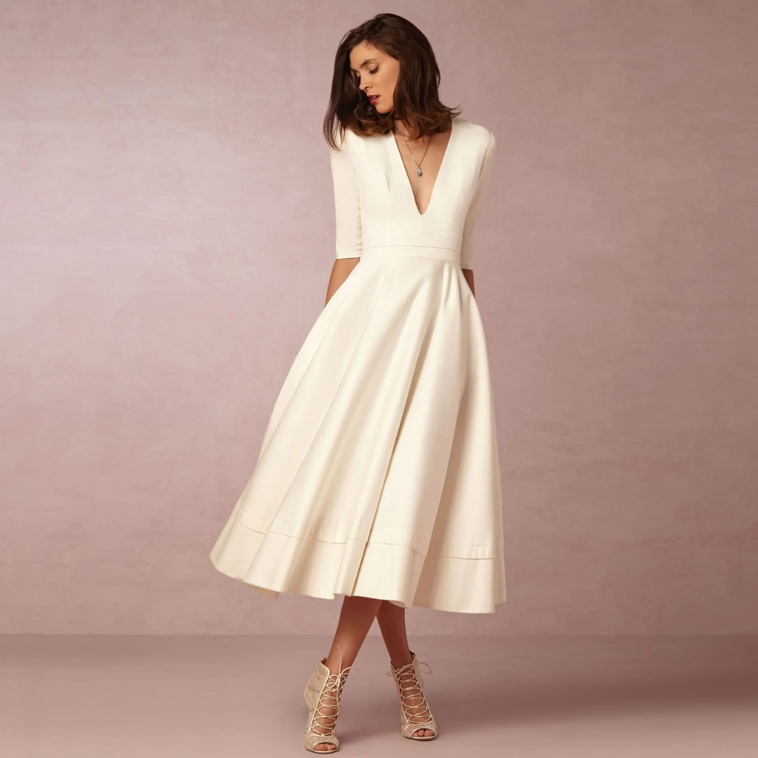 Suzan | Dames Jurk met Diepe V-Hals | Midi met Hoge Taille