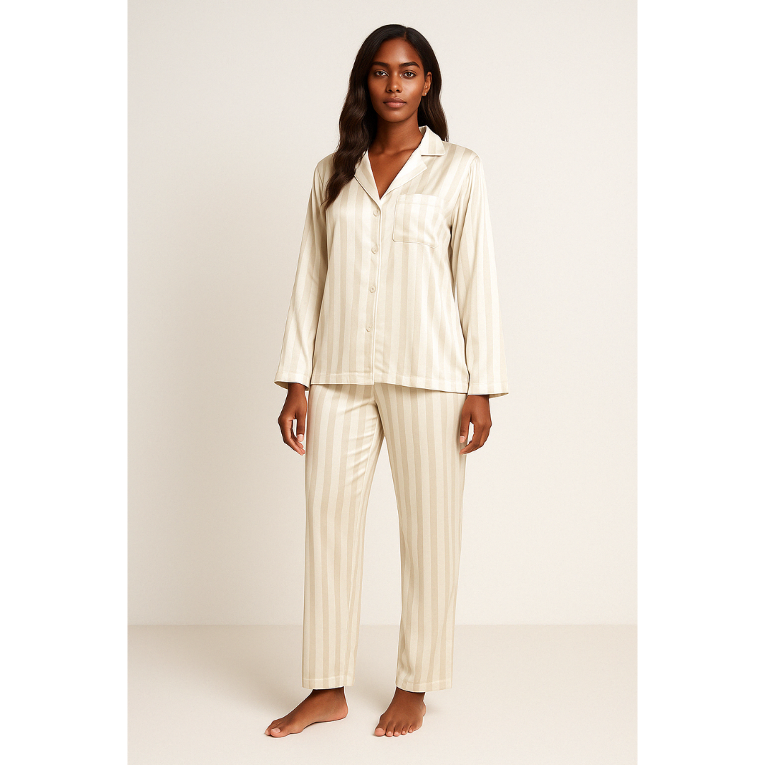 Renske | Dames Gestreepte Satijnen Pyjama Set met Knoopsluiting