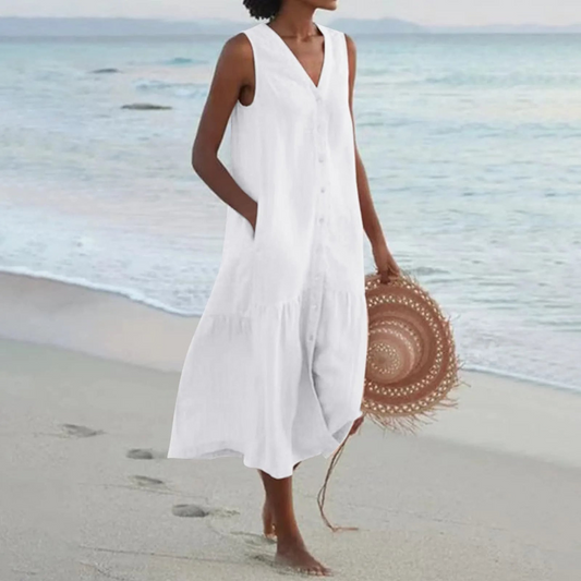 Diede | Dames Strand Jurk met Zakken | Midi met Knoopsluiting