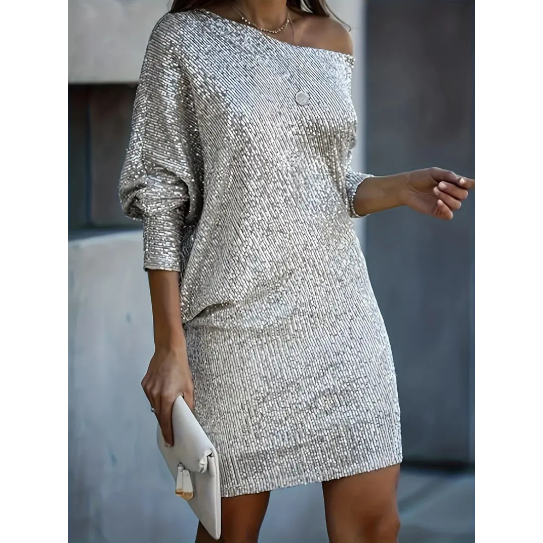 Pien | Dames Pailletten Glitter Jurk met Open Schouder | Mini met Korte Mouwen